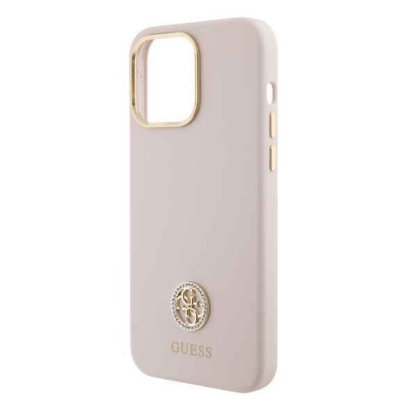 Guess Liquid Silicone 4G Strass Metal Logo Fodral för iPhone 15 Pro Max Rosa