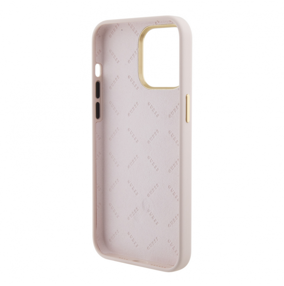 Guess Liquid Silicone 4G Strass Metal Logo Fodral för iPhone 15 Pro Max Rosa