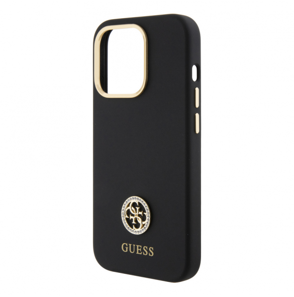 Guess Liquid Silicone 4G Strass Metal Logotypfodral för iPhone 15 Pro Max Svart