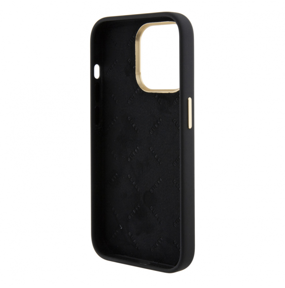 Guess Liquid Silicone 4G Strass Metal Logotypfodral för iPhone 15 Pro Max Svart