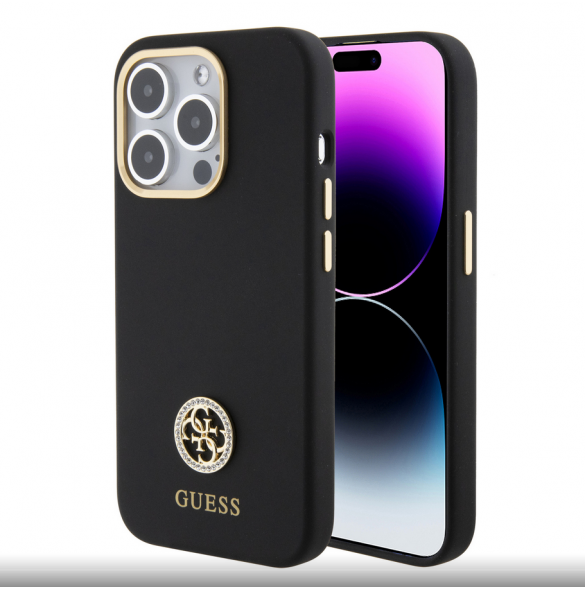 Guess Liquid Silicone 4G Strass Metal Logo Fodral för iPhone 15 Pro Svart