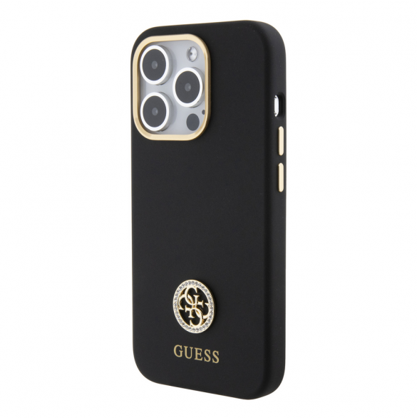 Guess Liquid Silicone 4G Strass Metal Logo Fodral för iPhone 15 Pro Svart