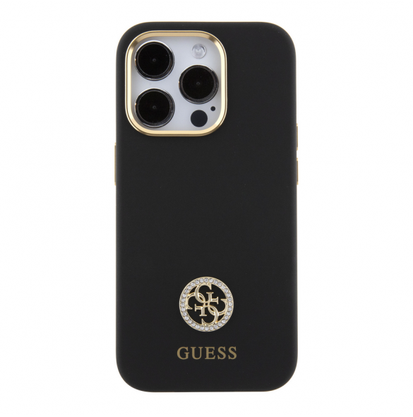 Guess Liquid Silicone 4G Strass Metal Logo Fodral för iPhone 15 Pro Svart