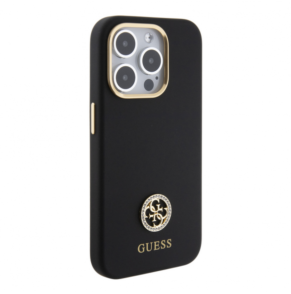 Guess Liquid Silicone 4G Strass Metal Logo Fodral för iPhone 15 Pro Svart