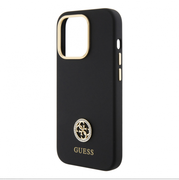 Guess Liquid Silicone 4G Strass Metal Logo Fodral för iPhone 15 Pro Svart