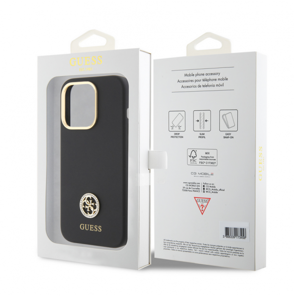 Guess Liquid Silicone 4G Strass Metal Logo Fodral för iPhone 15 Pro Svart