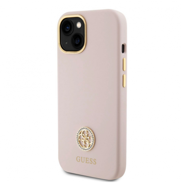 Guess Liquid Silicone 4G Strass Metal Logotypfodral till iPhone 15 Rosa
