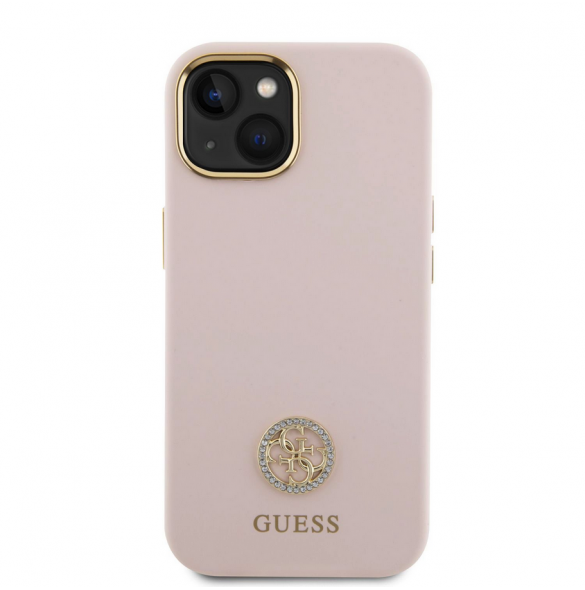 Guess Liquid Silicone 4G Strass Metal Logotypfodral till iPhone 15 Rosa