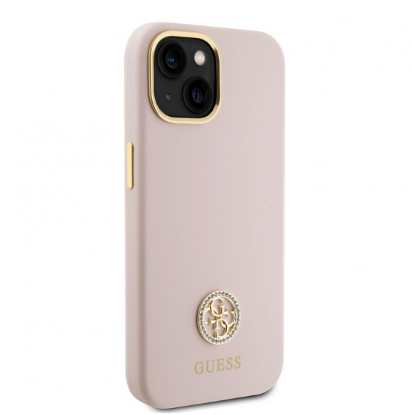 Guess Liquid Silicone 4G Strass Metal Logotypfodral till iPhone 15 Rosa
