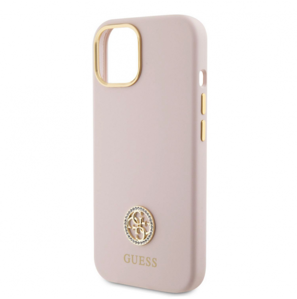 Guess Liquid Silicone 4G Strass Metal Logotypfodral till iPhone 15 Rosa