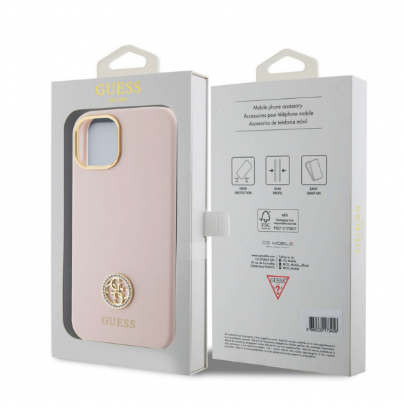 Guess Liquid Silicone 4G Strass Metal Logotypfodral till iPhone 15 Rosa