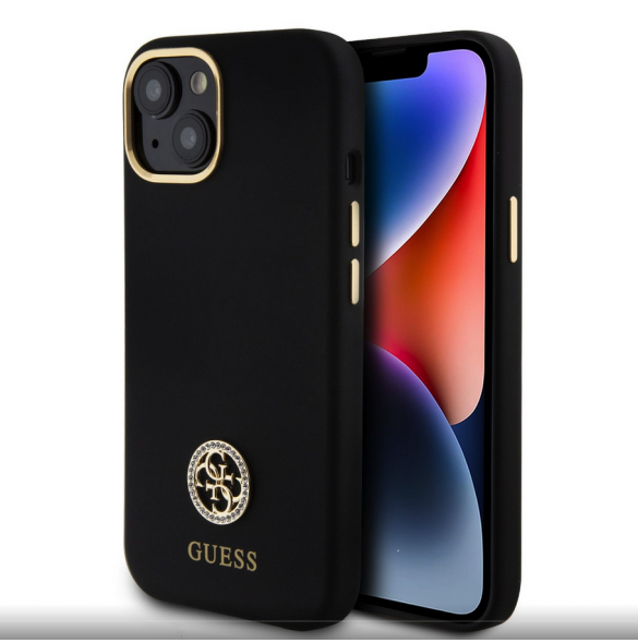 Guess Liquid Silicone 4G Strass Metal Logotypfodral till iPhone 15 Svart
