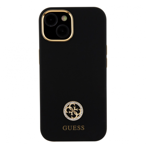 Guess Liquid Silicone 4G Strass Metal Logotypfodral till iPhone 15 Svart