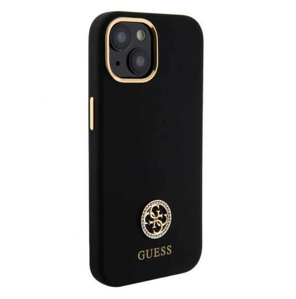 Guess Liquid Silicone 4G Strass Metal Logotypfodral till iPhone 15 Svart