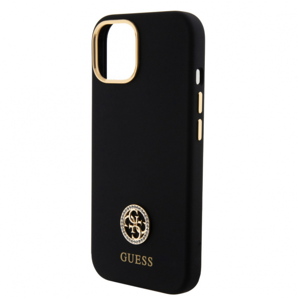 Guess Liquid Silicone 4G Strass Metal Logotypfodral till iPhone 15 Svart