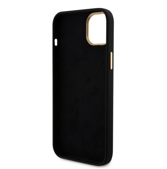 Guess Liquid Silicone 4G Strass Metal Logotypfodral till iPhone 15 Svart