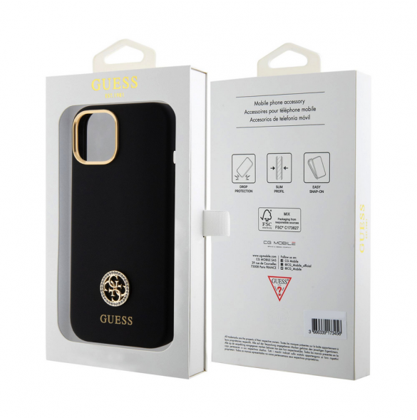 Guess Liquid Silicone 4G Strass Metal Logotypfodral till iPhone 15 Svart