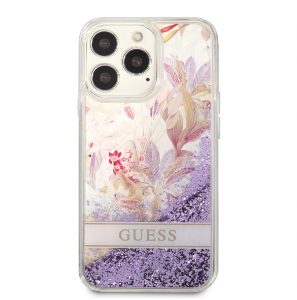 Guess Liquid Glitter Flower Fodral till iPhone 13 Pro Purple