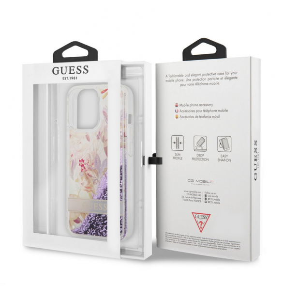 Guess Liquid Glitter Flower Fodral till iPhone 13 Pro Purple