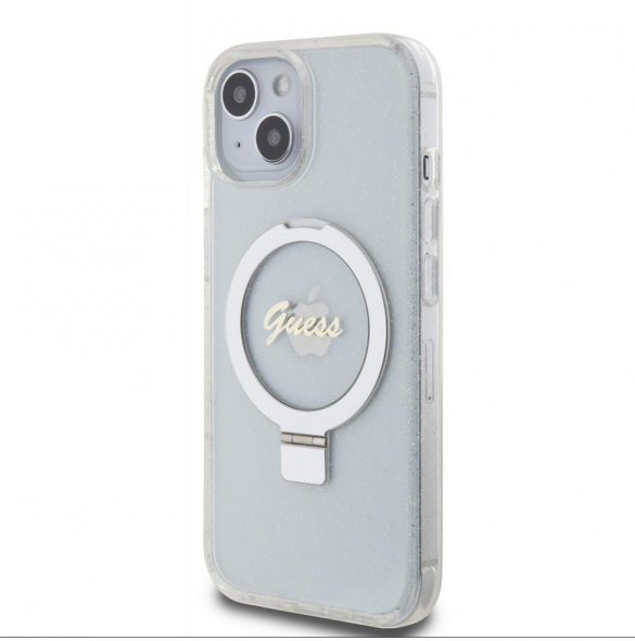 Guess IML Ring Stand Glitter MagSafe Fodral för iPhone 15 Transparent