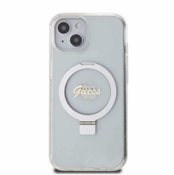 Guess IML Ring Stand Glitter MagSafe Fodral för iPhone 15 Transparent