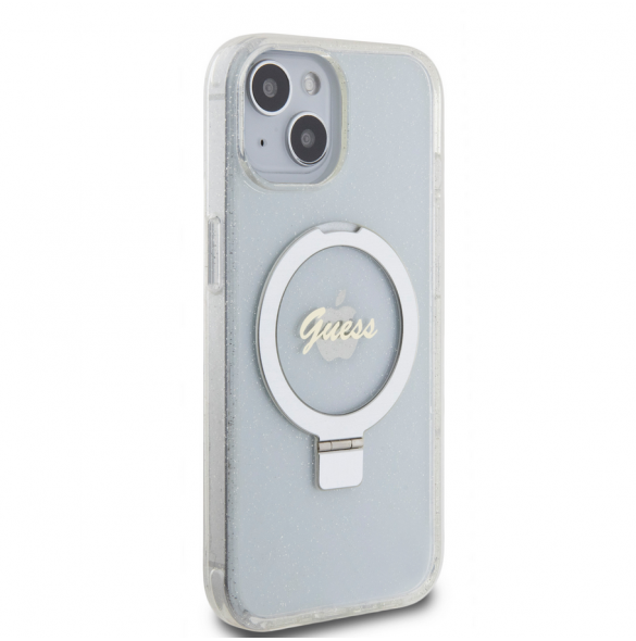 Guess IML Ring Stand Glitter MagSafe Fodral för iPhone 15 Transparent