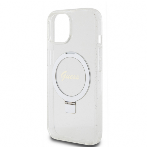 Guess IML Ring Stand Glitter MagSafe Fodral för iPhone 15 Transparent