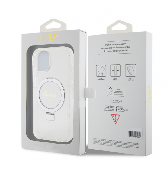 Guess IML Ring Stand Glitter MagSafe Fodral för iPhone 15 Transparent