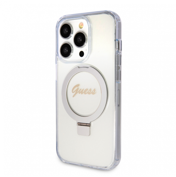 Guess IML Ring Stand Glitter MagSafe Fodral för iPhone 15 Pro Transparent