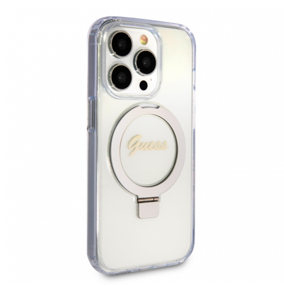Guess IML Ring Stand Glitter MagSafe Fodral för iPhone 15 Pro Transparent