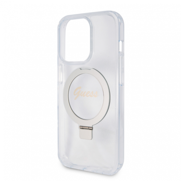 Guess IML Ring Stand Glitter MagSafe Fodral för iPhone 15 Pro Transparent
