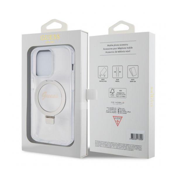 Guess IML Ring Stand Glitter MagSafe Fodral för iPhone 15 Pro Transparent