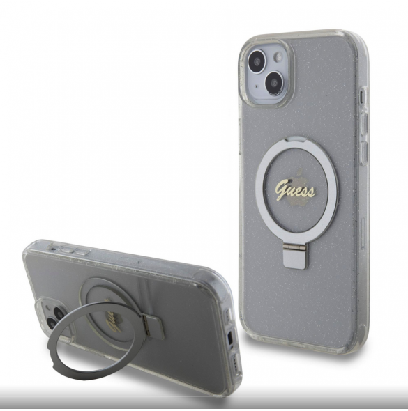 Guess IML Ring Stand Glitter MagSafe Fodral för iPhone 15 Plus Transparent