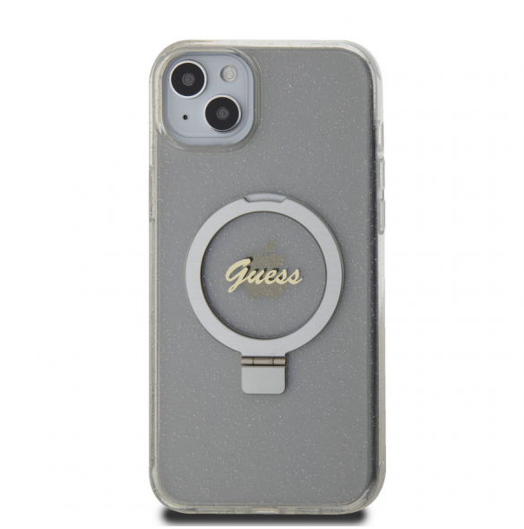 Guess IML Ring Stand Glitter MagSafe Fodral för iPhone 15 Plus Transparent