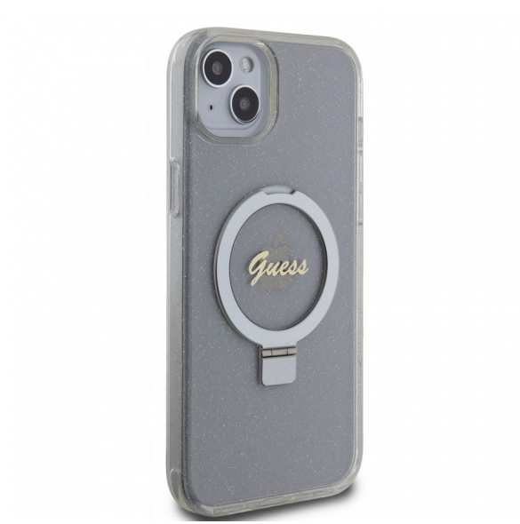 Guess IML Ring Stand Glitter MagSafe Fodral för iPhone 15 Plus Transparent