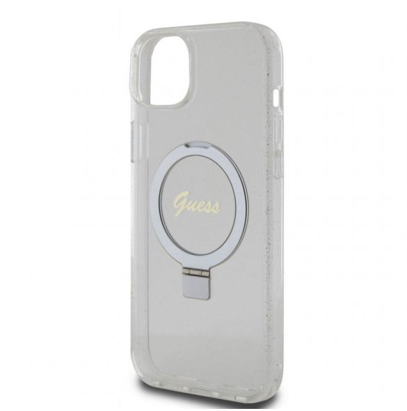 Guess IML Ring Stand Glitter MagSafe Fodral för iPhone 15 Plus Transparent