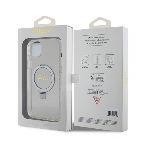 Guess IML Ring Stand Glitter MagSafe Fodral för iPhone 15 Plus Transparent