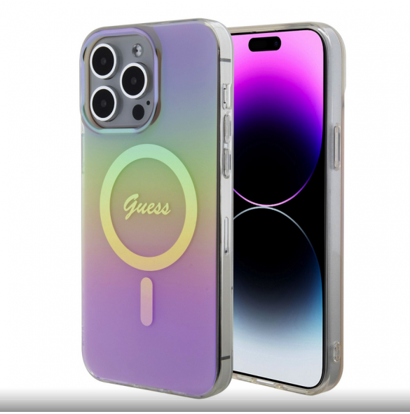 Guess IML Iridescent Script MagSafe Fodral för iPhone 15 Pro Pink