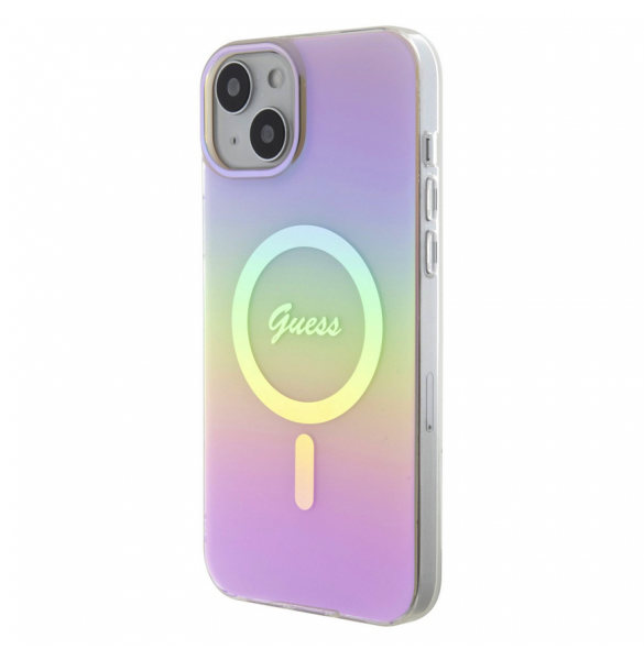 Guess IML Iridescent Script MagSafe Fodral för iPhone 15 Rosa