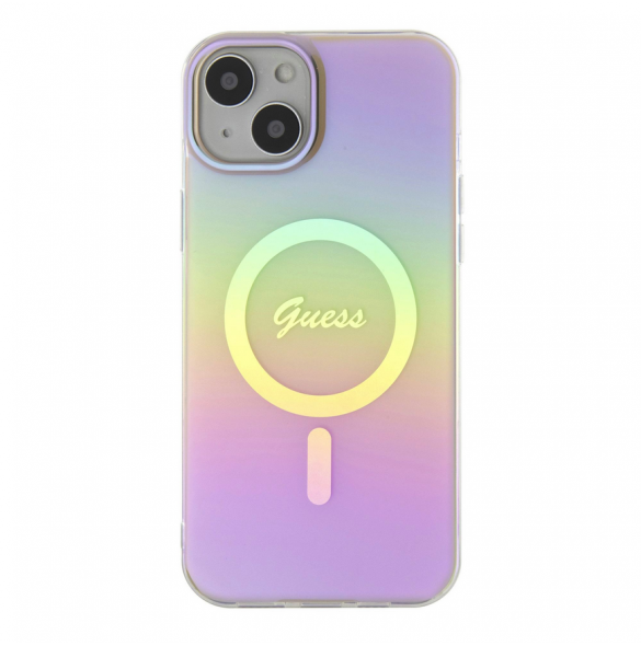 Guess IML Iridescent Script MagSafe Fodral för iPhone 15 Rosa