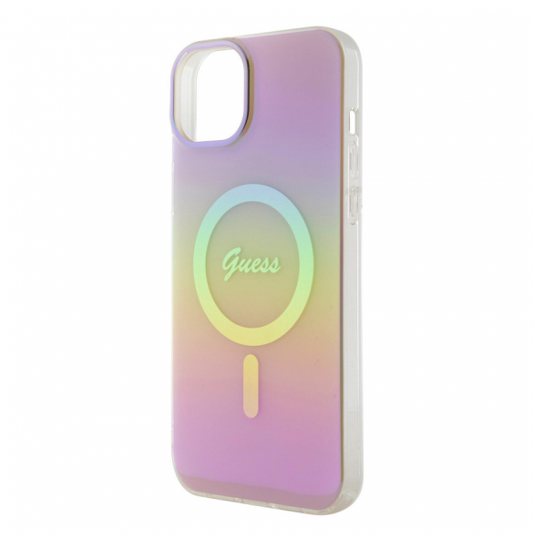Guess IML Iridescent Script MagSafe Fodral för iPhone 15 Rosa