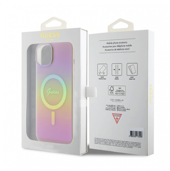 Guess IML Iridescent Script MagSafe Fodral för iPhone 15 Rosa
