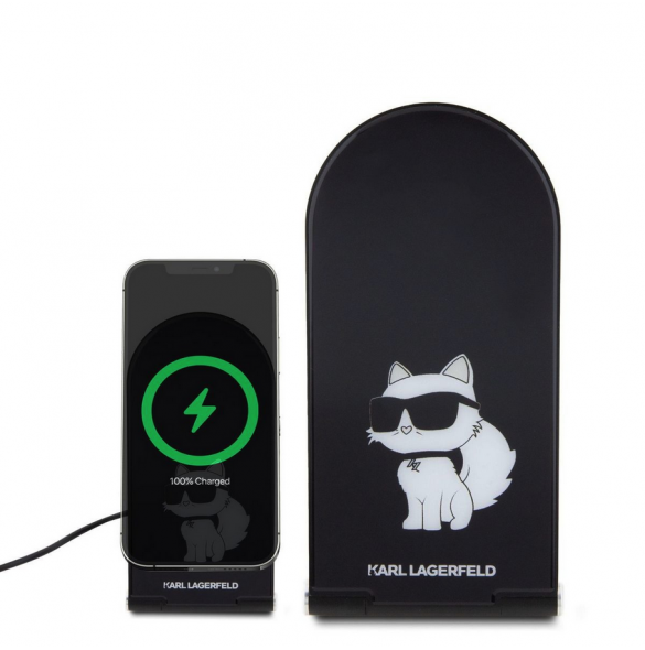 Karl Lagerfeld Aluminium Desktop Trådlös Magnetisk Laddare 2in1 Choupette NFT Svart