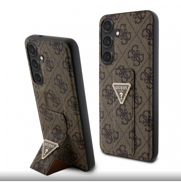 Guess PU Grip Stand 4G Strass Triangle Metal Logo Bakre skal till Samsung Galaxy S24+ Brun