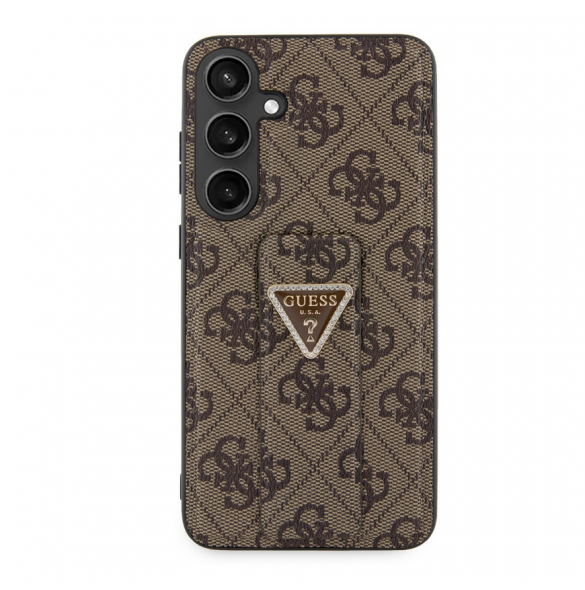 Guess PU Grip Stand 4G Strass Triangle Metal Logo Bakre skal till Samsung Galaxy S24+ Brun