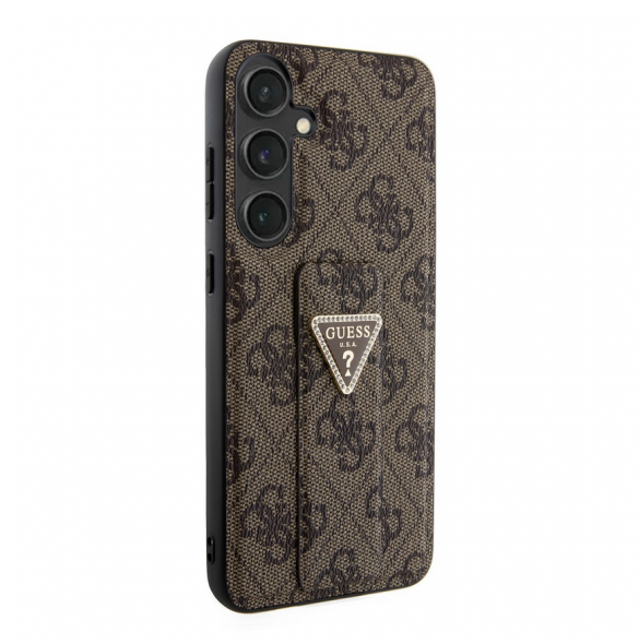 Guess PU Grip Stand 4G Strass Triangle Metal Logo Bakre skal till Samsung Galaxy S24+ Brun