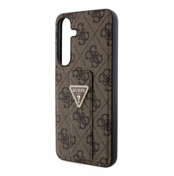 Guess PU Grip Stand 4G Strass Triangle Metal Logo Bakre skal till Samsung Galaxy S24+ Brun