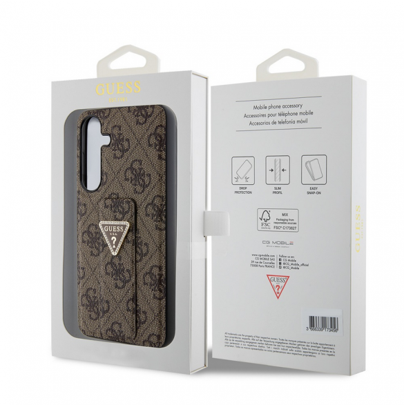 Guess PU Grip Stand 4G Strass Triangle Metal Logo Bakre skal till Samsung Galaxy S24+ Brun
