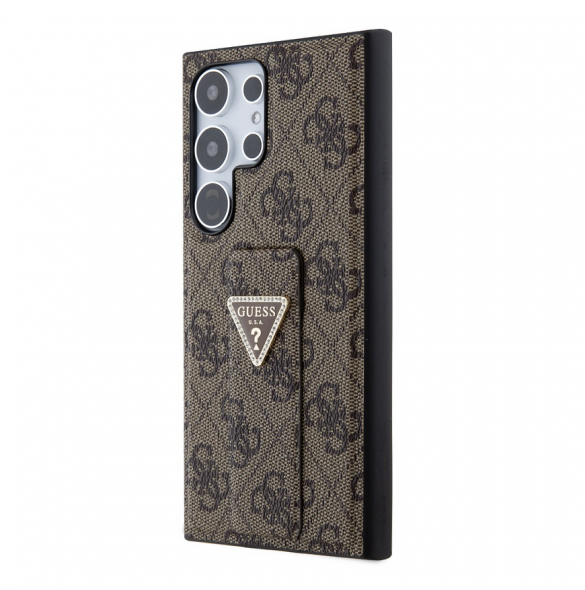 Guess PU Grip Stand 4G Strass Triangle Metal Logo Bakre skal till Samsung Galaxy S24 Ultra Brown