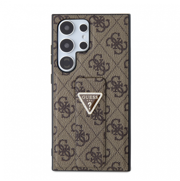 Guess PU Grip Stand 4G Strass Triangle Metal Logo Bakre skal till Samsung Galaxy S24 Ultra Brown